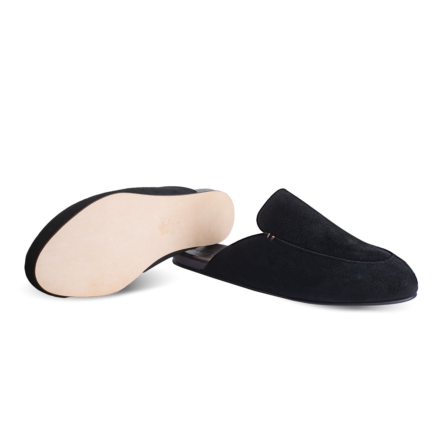 Black suede slippers with leather outsole